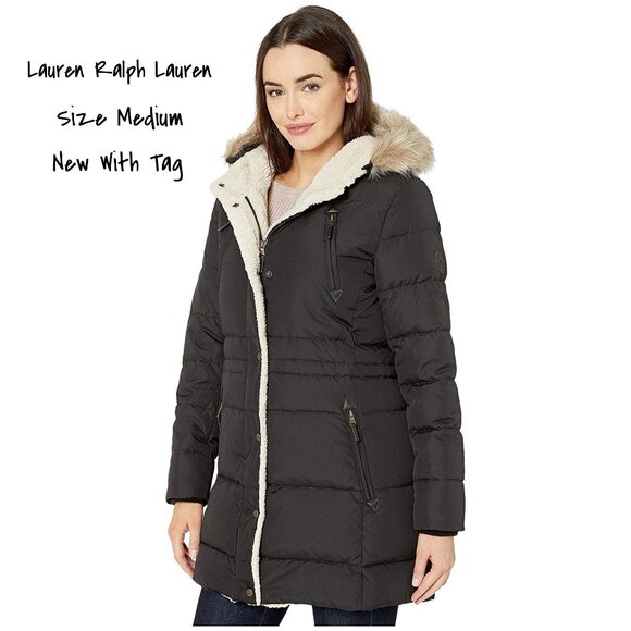 Lauren Ralph Lauren Black Sherpa Hooded Coat Jacket for Women, Medium New - Picture 1 of 6